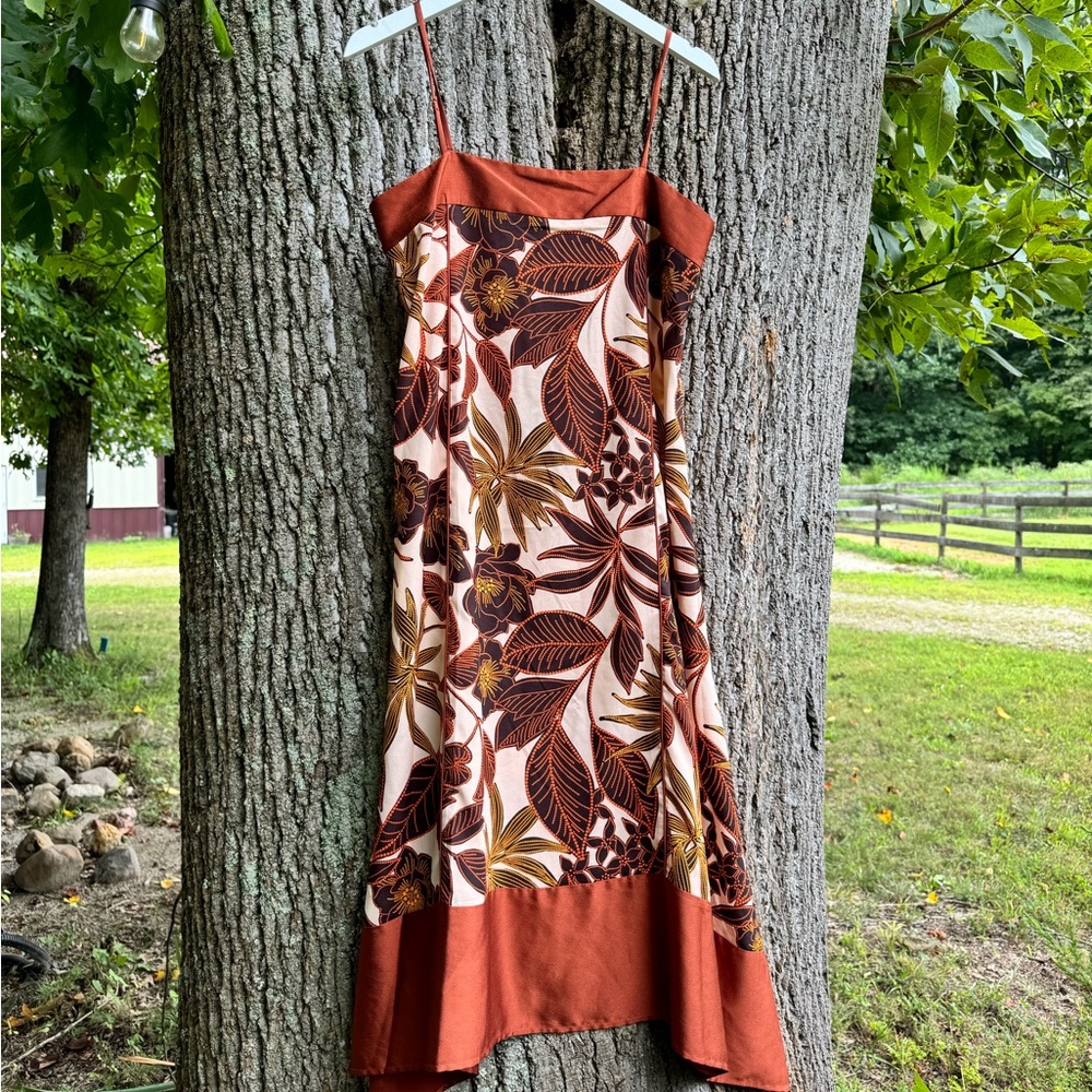 DKNY Floral Orange Brown & Cream Flowy Satin Midi Dress